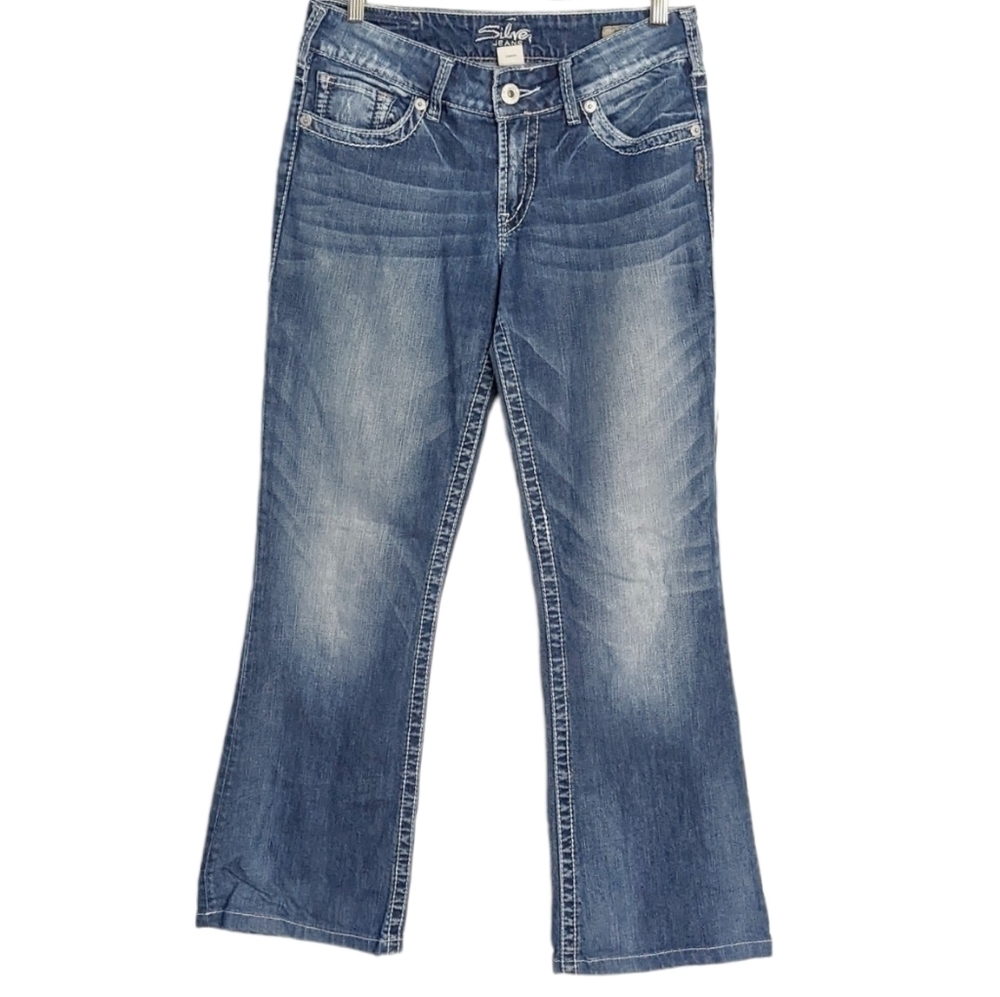 Silver boot cut blue jeans decor back pockets blue size 28 34 @u